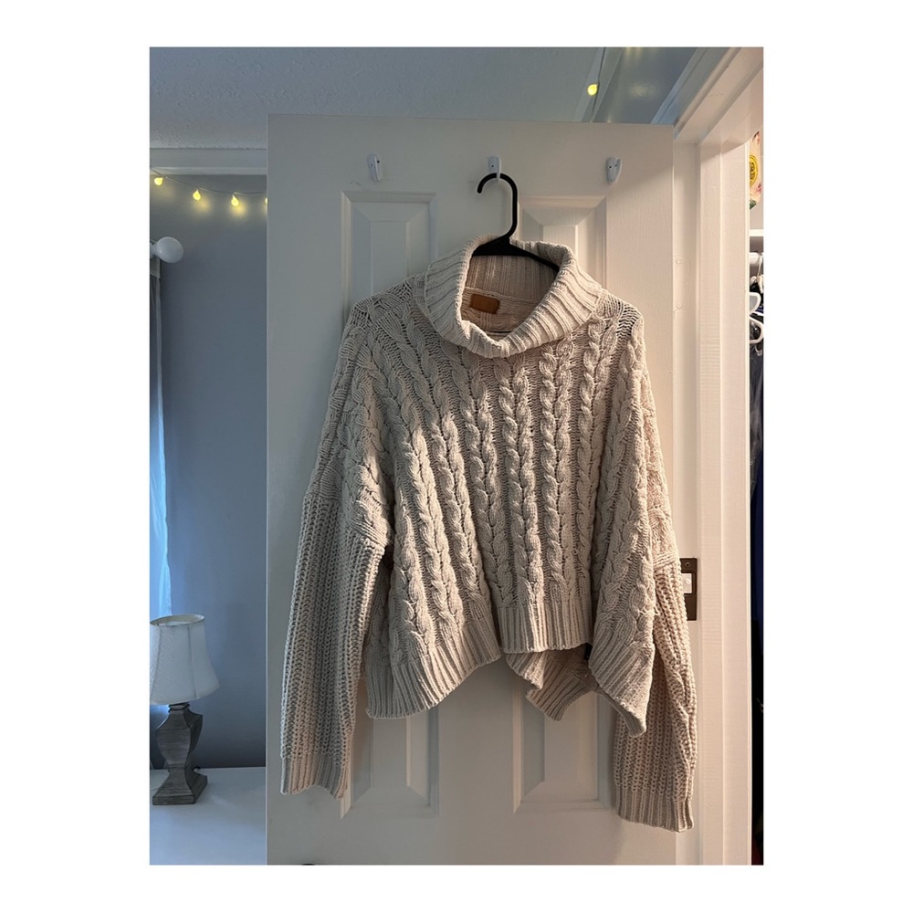 Cropped Knit Cowl Neck Sweater